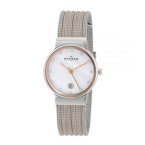 Skagen Womens 355SSRS Two-Tone Stainless-Steel Analog Quartz Watch with Mother-Of-Pearl Dial - Watchbatteries